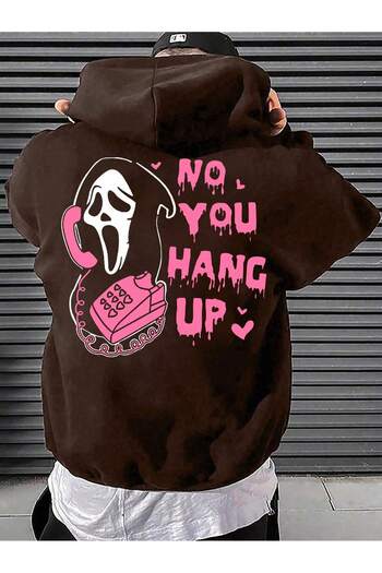 ModaQamar Scream'No You Hang up' Printed Oversize Kangaroo Pocket Brown Hooded Sweatshirt Hoodie