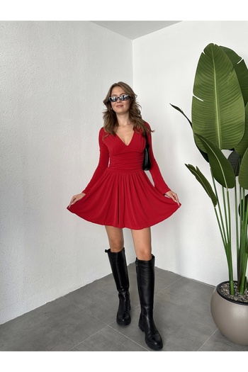 Asfa Moda Women's Red Long Sleeve V-Neck Mini Candy Dress with Shorts Inside