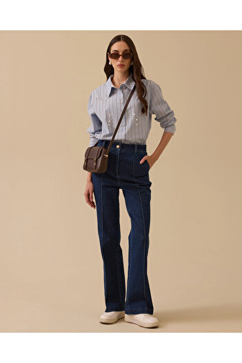 SCL Striped Detailed Pocketed Wide Leg Jeans