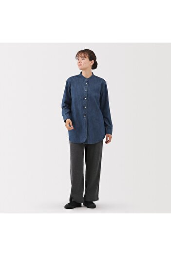 Muji Washed Denim Stand Collar Long Sleeve Shirt