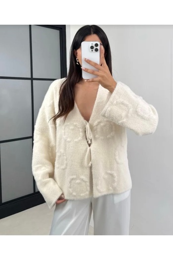 NATUFIAN STORE Women's Embossed Detailed Soft Textured Knitted Cardigan with Tie