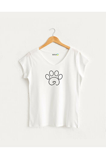 Kidilia Women's V-Neck 100% Cotton Design T-Shirt with Linear Dog Image