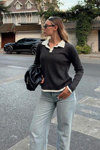 Swist Smoked Garnished Buttoned Polo Neck Women's Knitwear Sweater