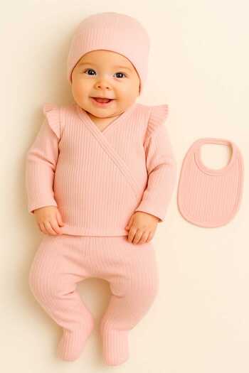 bebekpare Baby Girl Ribbed Baby Set 100% Cotton 4-Piece Hospital Release