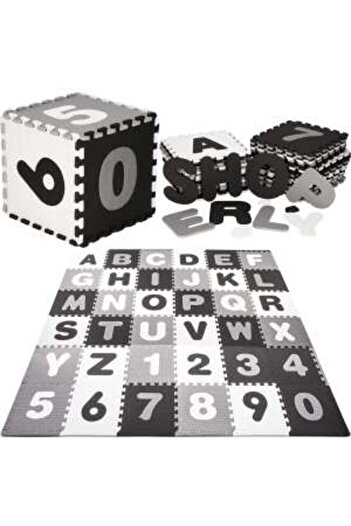 Springos Foam Mat for Kids, EVA Gray and Black, Alphabet and Numbers, 172x172x1cm