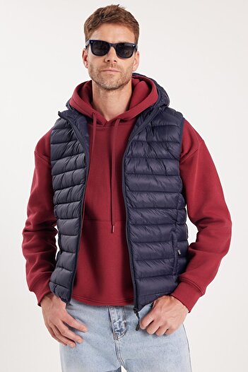 Tudors Men's Relax Fit Comfortable Cut Zero Sleeve Hooded Double Pocket Zippered Navy Blue Puffer Vest