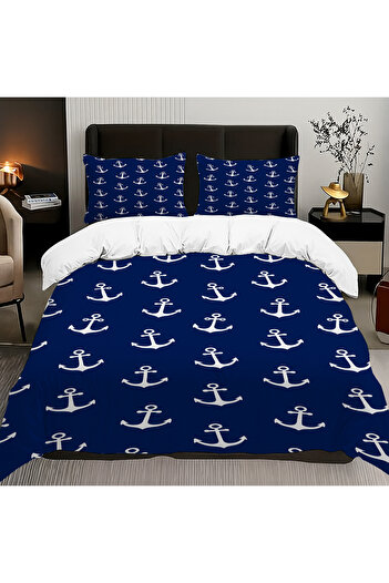 Else Dekor Blue Sailor Anchor Patterned Cotton Satin Double Duvet Cover Set 200X220Cm