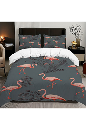 Else Dekor Pink Flamingo Gray Patterned Cotton Satin Double Duvet Cover Set 200X220Cm