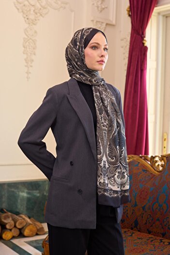 İpekhan Patterned Voile Shawl Cream Voile Silk Shawl - 9804-08