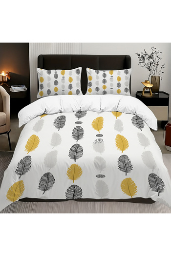 Else Dekor Yellow Gray Ethnic Feathers Patterned Cotton Satin Double Duvet Cover Set 200X220Cm