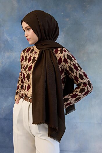 İpekhan Khaki Color Logo Patterned Cotton Jacquard Shawl - 8008-18