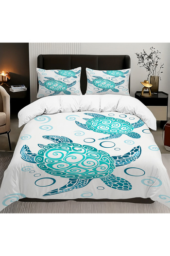 Else Dekor Turquoise Caretta Turtle Patterned Cotton Satin Double Duvet Cover Set 200X220Cm