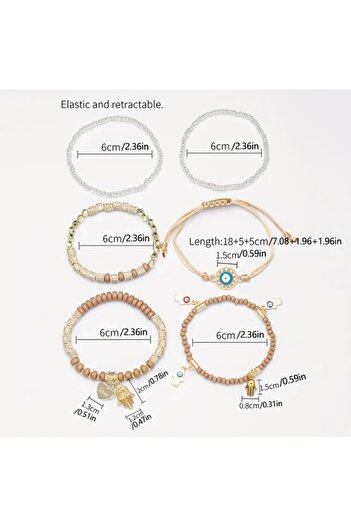 Accessories Hei 6-Piece Bohemian Stylish Handmade Evil Eye Beaded Decorated Casual Women's Bracelet Set