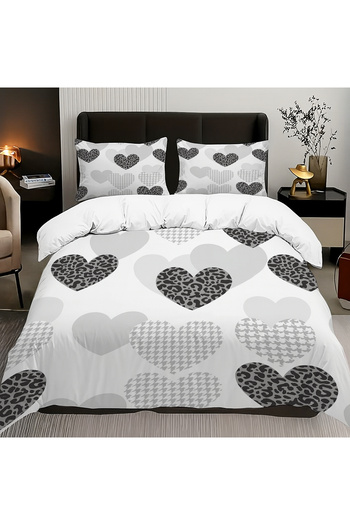 Else Dekor Gray Black Hearts Patterned Cotton Satin Double Duvet Cover Set 200X220Cm