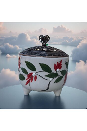 İlbay Çini Takı Ayşen Sugar Bowl with Ceramic Metal Lid Red Grape Vine