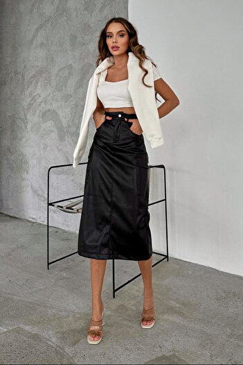 FashionForYou Tabyta -leather skirt, with pockets and three-quarter cut, Black, M