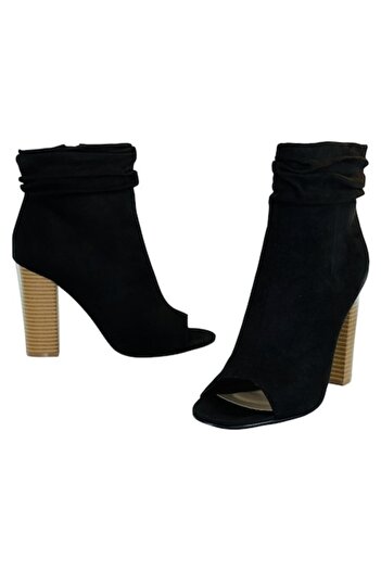 JustFab Ghete de damă, toc înalt de 10 cm, microfibră neagră, vârf deschis, mărimea 38.5 EU