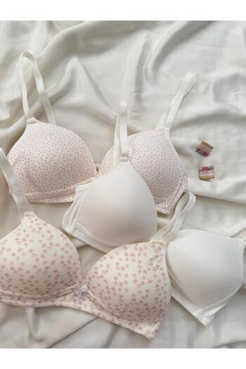 İNKO İÇ GİYİM Cotton Combed Cotton Wire-Free Unpadded 3-Piece Gathering Bra