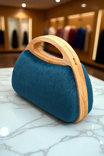 HFKY Women's Bamboo Oval Handle Plush Petrol Blue Chain Strap Hand and Shoulder Bag