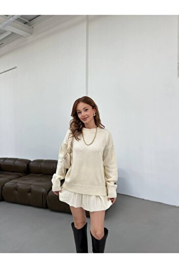 BOUQUET OF TULİP Crew Neck Sweater Pleated Mini Skirt Set