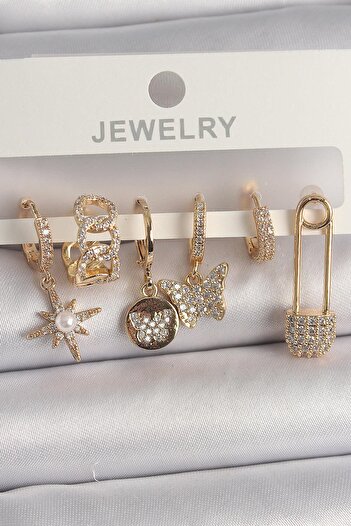 Inure Jewelry Brass Gold Color Zircon Dangle Zircon Stone Pearl Detail Butterfly Figure Women's Earring Set Daily Use