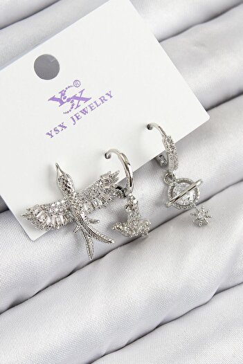 Inure Jewelry Brass Zircon Stone 3-Piece Bird Model Silver Color Women's Earrings Daily Use