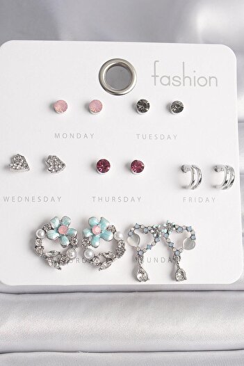 Inure Jewelry Brass Silver Color Colorful Zircon Stone Circle Flower Figure Dangle Heart Detail 7 Pairs Women Earrings Set g