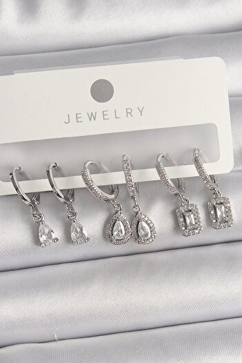 Inure Jewelry Brass Silver Color Dangle Zircon Stone Drop Model Women's Earring Set Daily Use