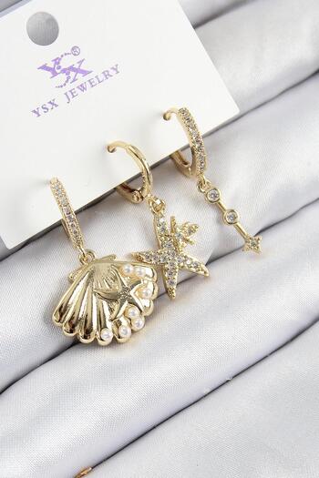 Inure Jewelry Brass Zircon Stone 3-Piece Oyster and Star Model Gold Color Women's Earrings for Daily Use