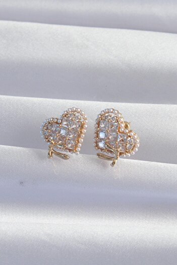 Inure Jewelry Brass Gold Color Bow Detail Pearl Zircon Stone Heart Earrings Daily Use