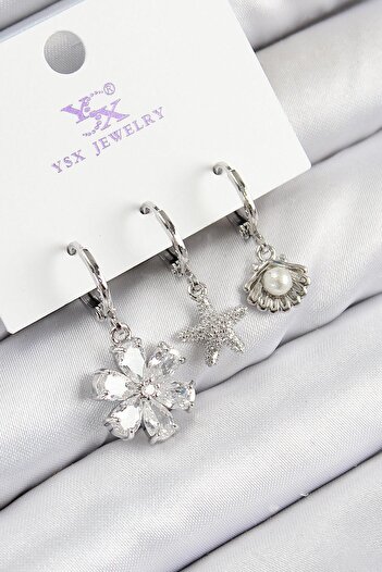 Inure Jewelry Brass Zircon Stone 3-Piece Flower and Oyster Model Silver Color Women's Earrings for Daily Use