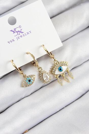 Inure Jewelry Brass Zircon Stone 3-Piece Fatma's Eye Model Gold Color Women's Earrings for Daily Use