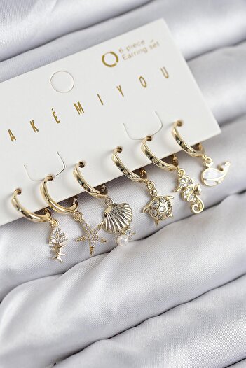 Inure Jewelry Brass Zircon Stone Oyster Whale and Star Gold Color 6-Piece Earring Set Daily Use