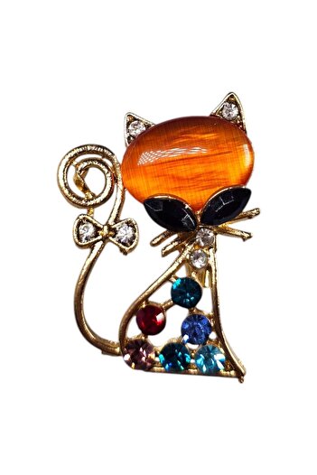 Vadodara - Brosa Pisicuta Gold Tone Cap Rasina Amber Sidef Papion si Cristale Zirconia Colorate, 2 x