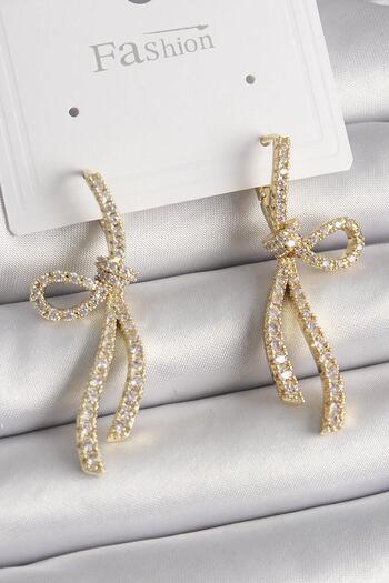 Inure Jewelry Brass Gold Color Zircon Stone Ribbon Model Women's Earrings Daily Use