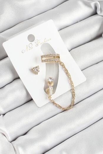 Inure Jewelry Brass Triangle Figured Zircon Stone Gold Color 3-Piece Cartilage Women's Earring Set for Daily Use