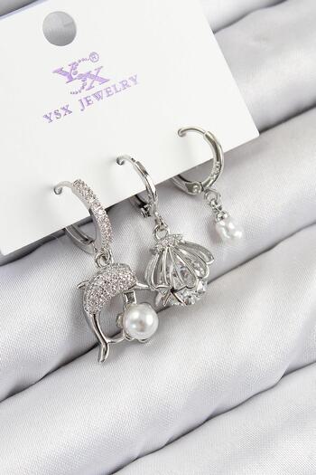 Inure Jewelry Brass Zircon Stone 3-Piece Dolphin and Oyster Model Silver Color Women's Earrings for Daily Use
