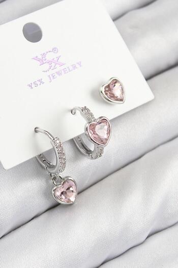 Inure Jewelry Brass Zircon Stone 3-Piece Pink Heart Model Silver Color Women's Earrings Daily Use
