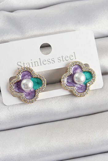 Inure Jewelry Brass Purple Enamel Pearl Detailed Zircon Stone Artistic Portrait Clover Model Gold Color Women's Earrings Daily