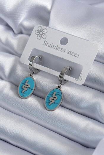 Inure Jewelry 316L Steel Silver Color Oval Blue Stone Snake Figure Women's Earrings Daily Use