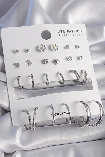 Inure Jewelry Brass Silver Color Daisy Detailed 12 Pairs Women's Earring Set Daily Use