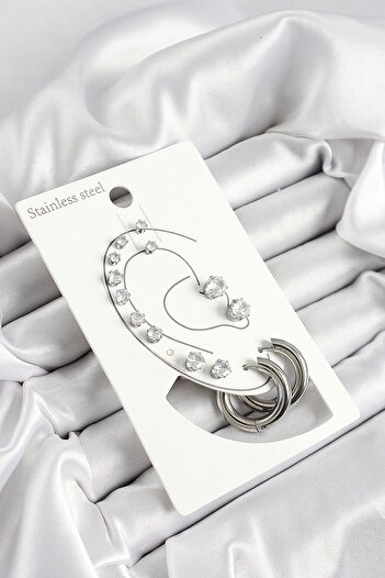 Inure Jewelry 316L Steel Ring Figured and Zircon Stone Inlaid Silver Color 7-Piece Pair Women's Earring Set for Daily Use
