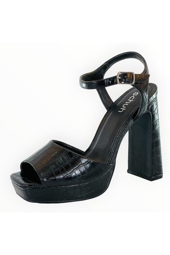 schuh Sandals with Massive Heel Black Faux Croc Leather Size 38 EU