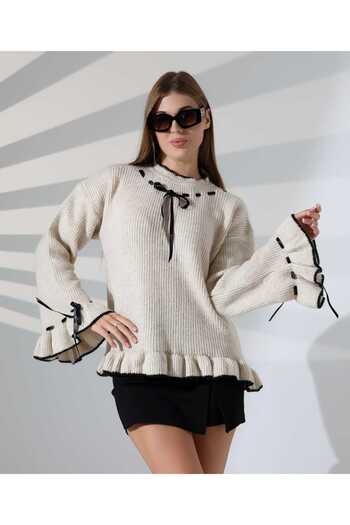 MILANOFOX Spanish Sleeve Soft Fabric Loose Knit Sweater with Ruffle and Lace Detail