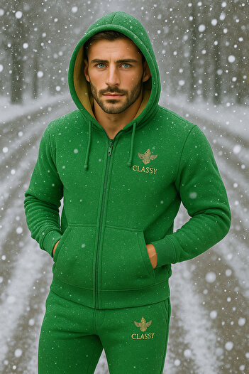 CLASSY.MODA Men's Winter Tracksuit Set – 3 Thread Fleece, Welsoft Lining, Hooded, Zippered Sportswear