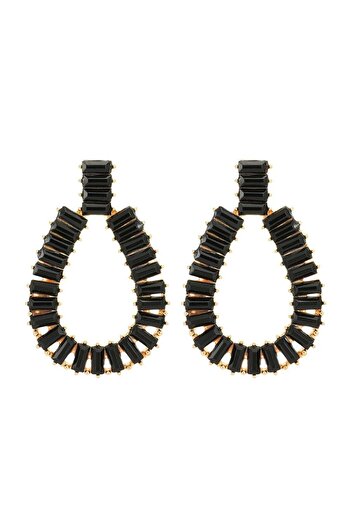 Pursehuit Golden earrings, oval, with black stones, Hanna C4