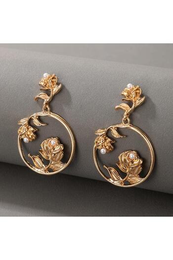 Pursehuit Golden, round earrings with flowers and pearls, Eryn C9