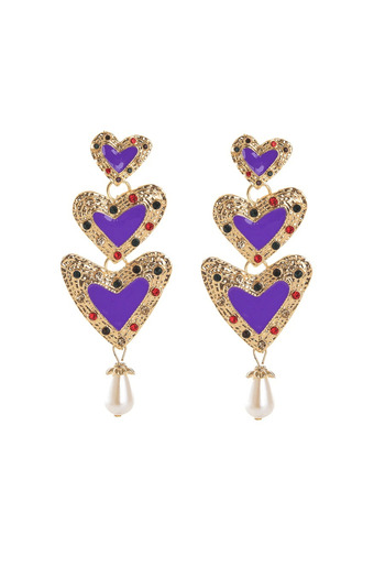 Pursehuit Gold-colored earrings with purple hearts and stones, Sindri C2