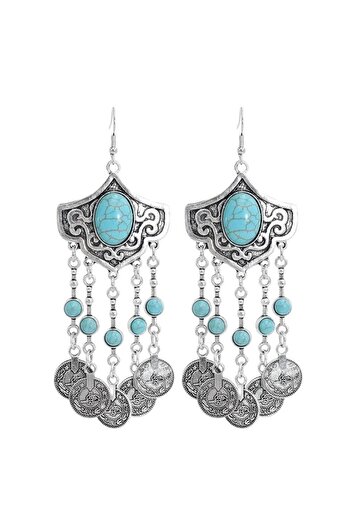 Pursehuit Silver earrings, long, boho style, with coins, Rino C1