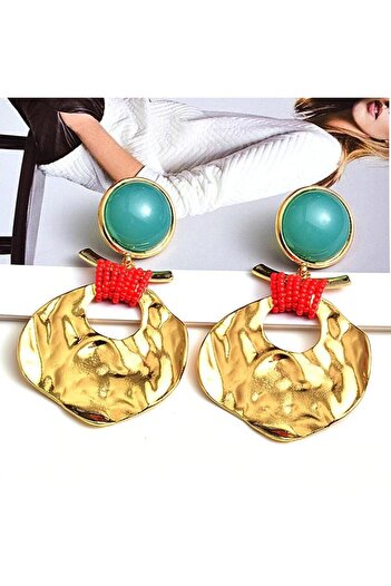 Pursehuit Golden earrings, with ruffled texture and turquoise stones, Viviana C4